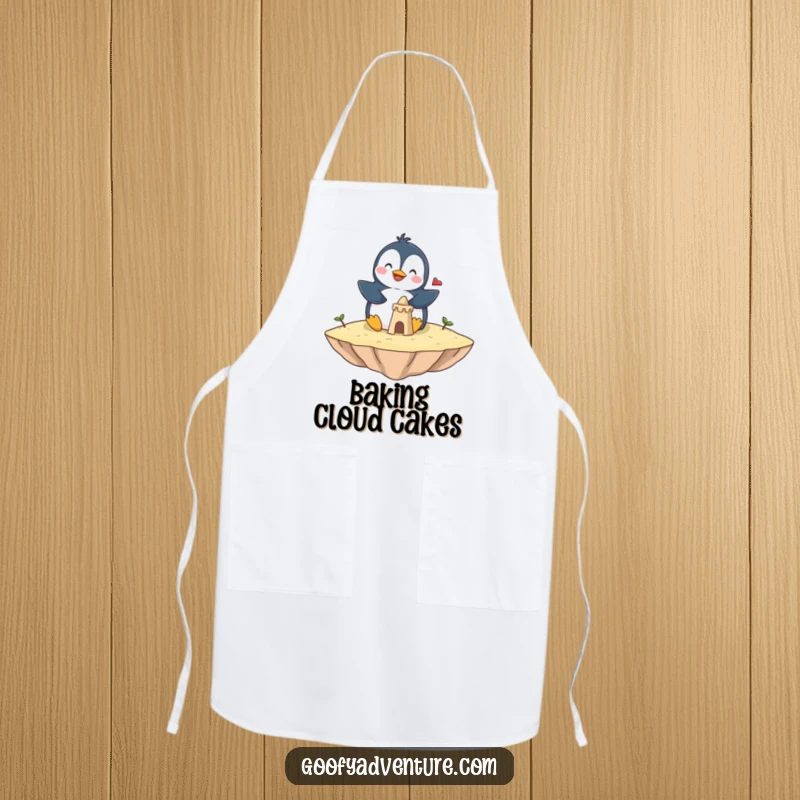 Funny penguin apron with a giggling penguin building a sandcastle on a cloud. Ideal for kitchen fun and protection.