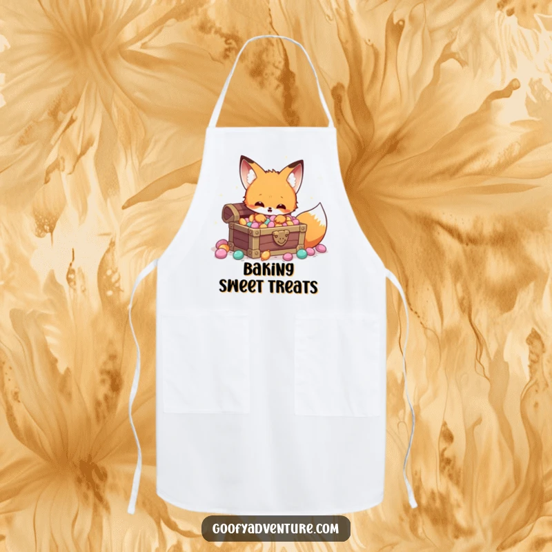 Funny Kawaii fox candy treasure apron, discovering a hidden chest of sparkling candy, ideal for baking fun.