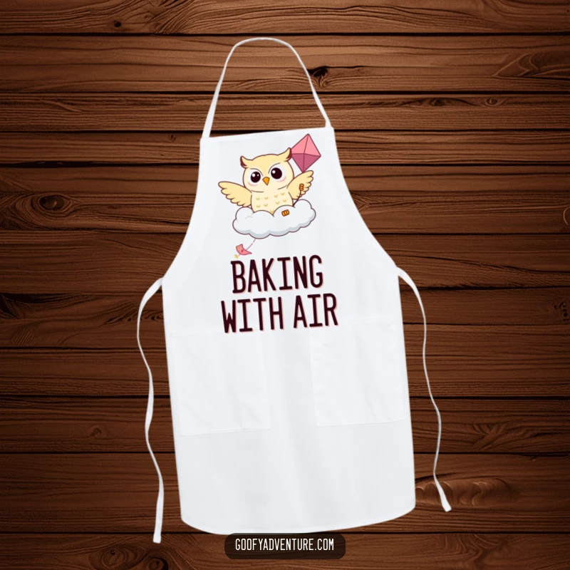 Funny Kawaii owl flying on a friendly cloud kite, featured on a whimsical apron for kitchen fun.