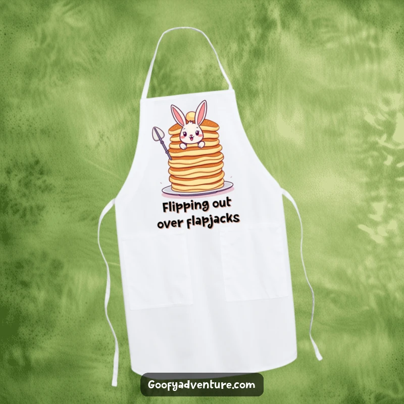 Funny Bunny apron, bravely scaling a colossal, wobbly stack of pancakes, perfect for kitchen adventures.
