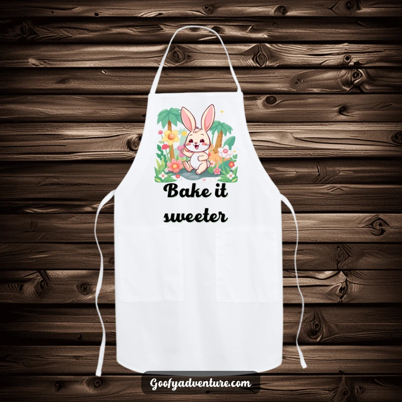 Funny bunny character exploring a candy-colored jungle, designed on a functional apron for sweet kitchen fun and protection.
