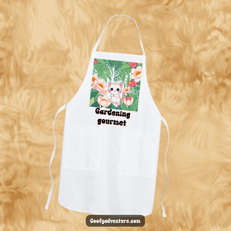 Funny apron depicting a curious cat character exploring a jungle of oversized flowers, perfect for kitchen protection with a touch of flair.