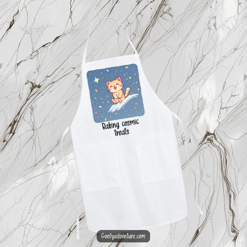Funny cat apron showing a happy cat riding a colorful confetti wave into a starry sky, ideal for kitchen fun.