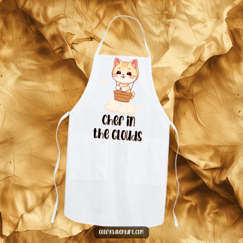 Funny apron with a playful cat at the controls of a hot air balloon, soaring over soft, dreamy clouds in a whimsical design.