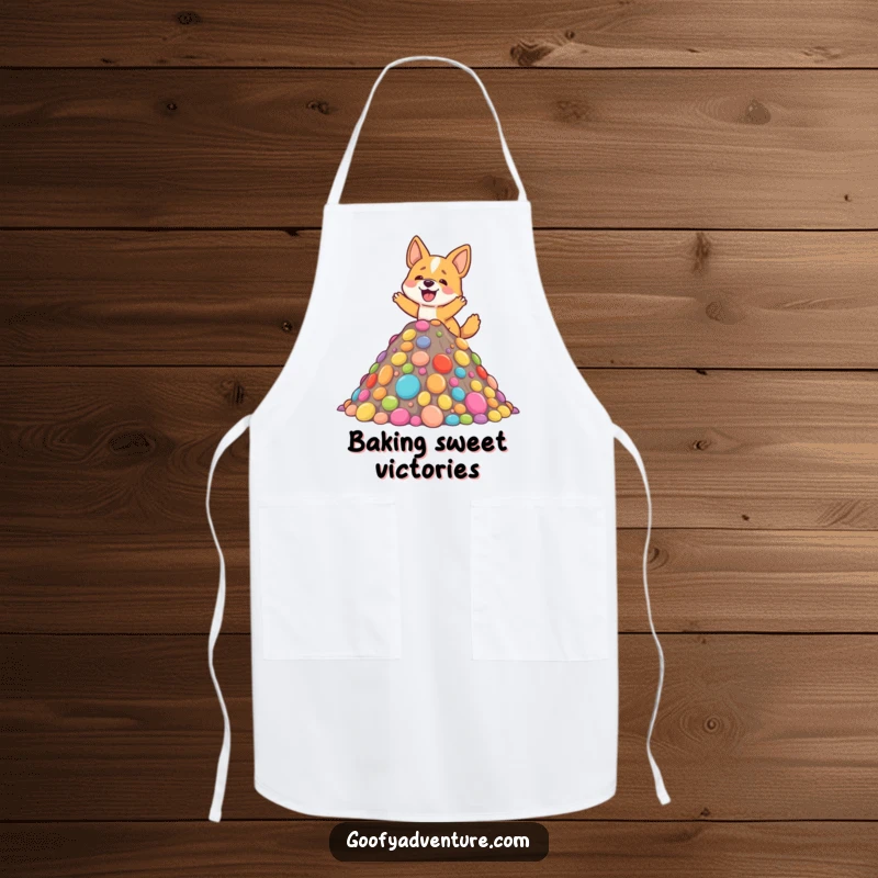 Funny apron with an excited dog character climbing a colorful mountain made of candy, perfect for the kitchen.