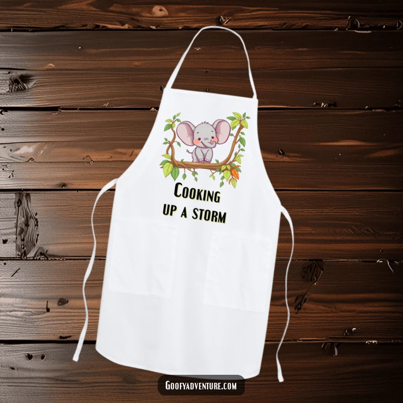 Funny happy elephant crossing a jungle vine bridge, durable kitchen apron, jungle theme, perfect funny gift.