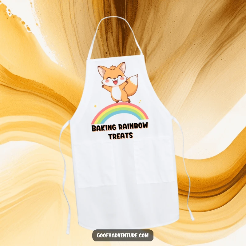 Funny fox rainbow leap apron showing a happy fox jumping over a vibrant rainbow, ready for kitchen adventures.