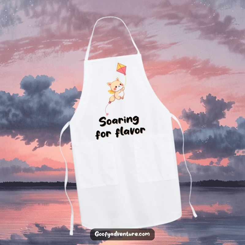 Funny kawaii animal character soaring through the sky on a colorful kite, a humorous and practical apron for cooking.