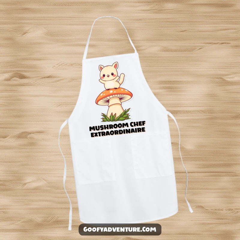 Funny kawaii animal character wearing an apron, dynamically leaping over a giant mushroom, adding humor to cooking.