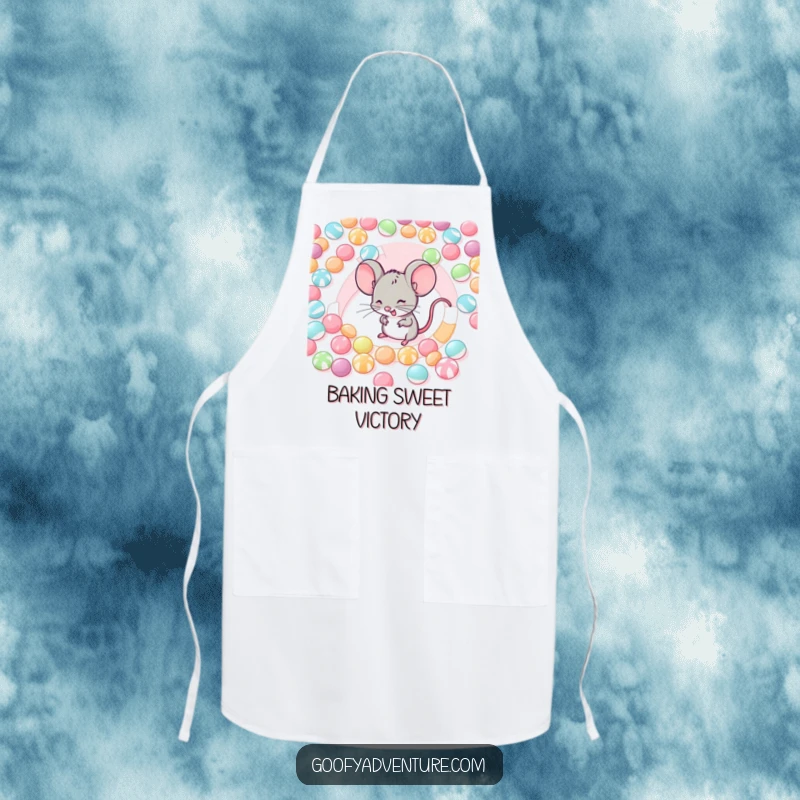Funny apron with a giggling mouse navigating a maze made of candies, ideal for the sweet-toothed cook.