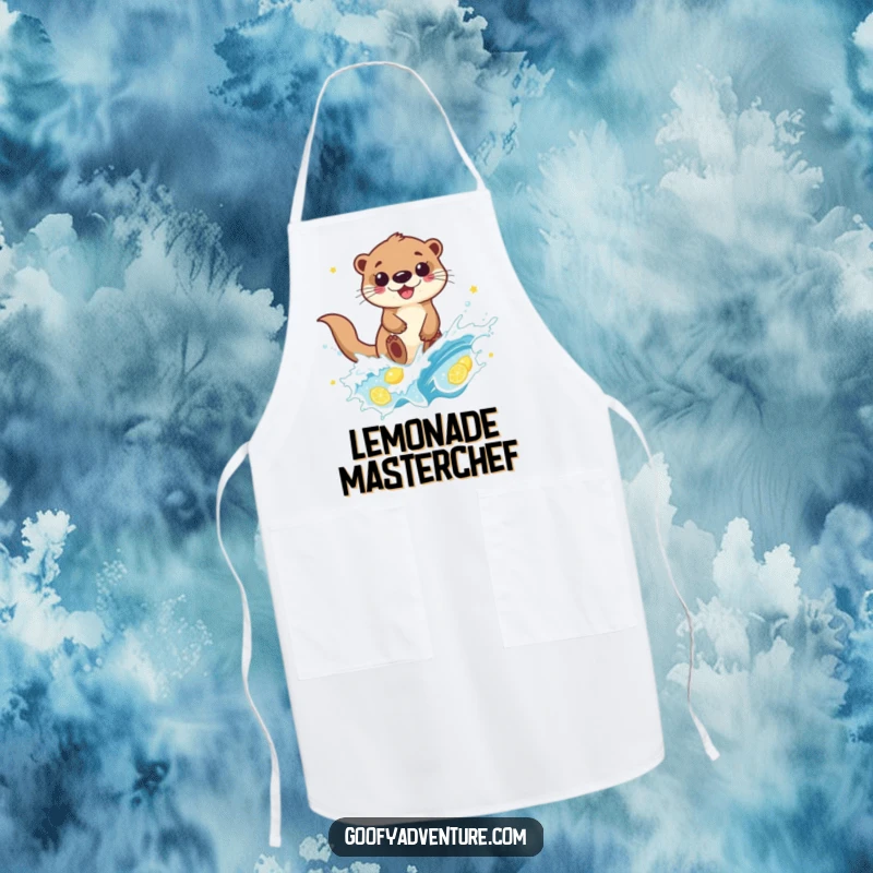 Funny otter character surfing a fizzy lemonade wave on a kitchen apron, adding a playful touch to cooking or baking.