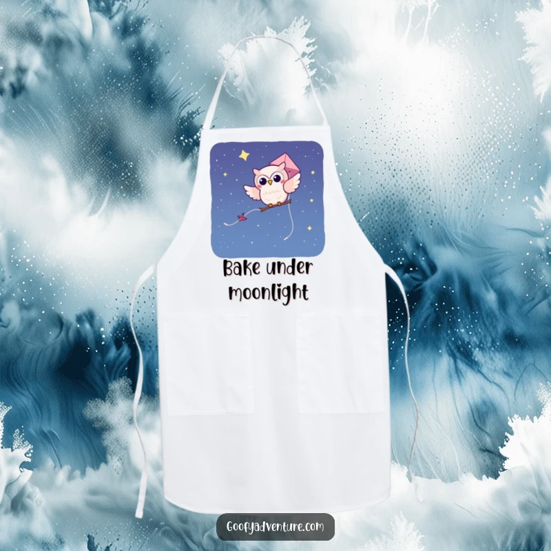 Funny kawaii owl character on a kite soaring through a starry night sky, designed on a functional kitchen apron.