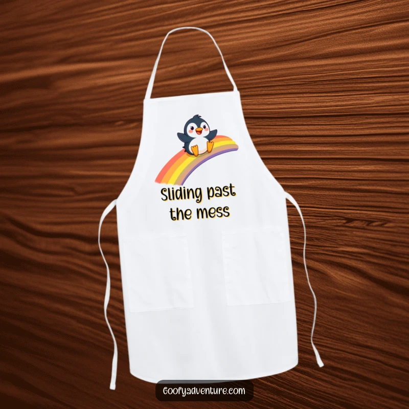 Funny Penguin apron, joyfully sliding down a giant rainbow, perfect for cheerful kitchen adventures.