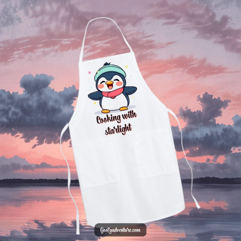 Funny apron with a joyful penguin playing under the magical glow of aurora borealis lights.