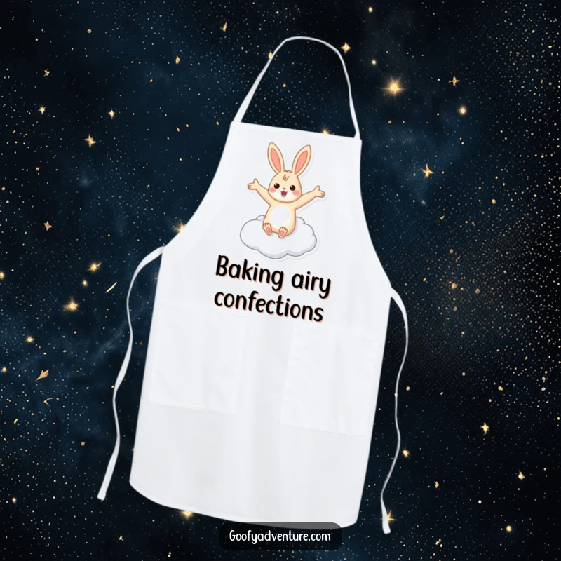 Funny rabbit flying cloud apron showing a cheerful rabbit riding a cloud with outstretched arms, ready for kitchen adventures.