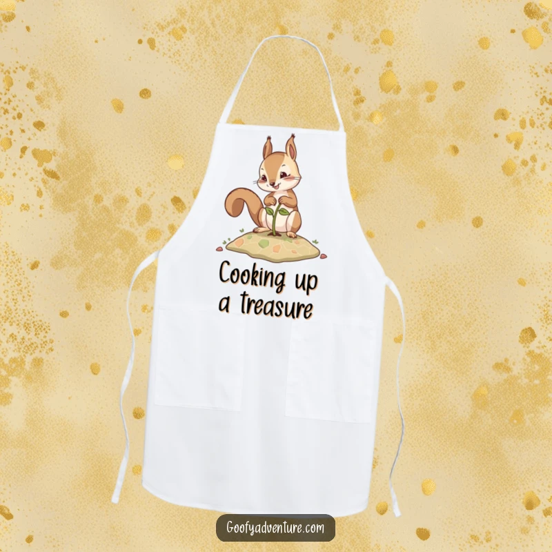 Funny apron with a determined squirrel planting a seed that grows into a map, perfect for the adventurous cook.