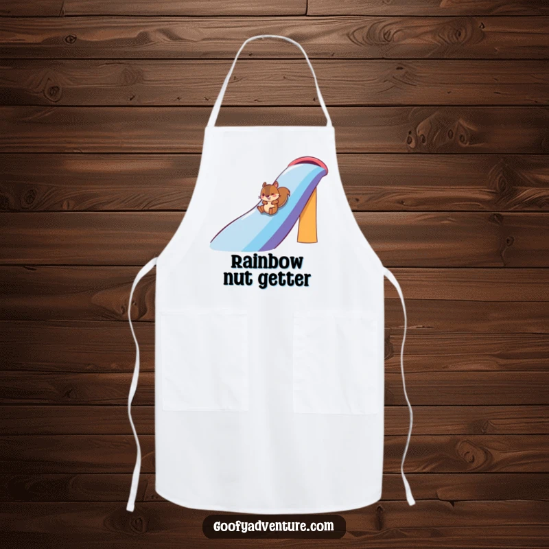 Funny squirrel character sliding down a rainbow on a kitchen apron, ready for fun cooking, funny gift.