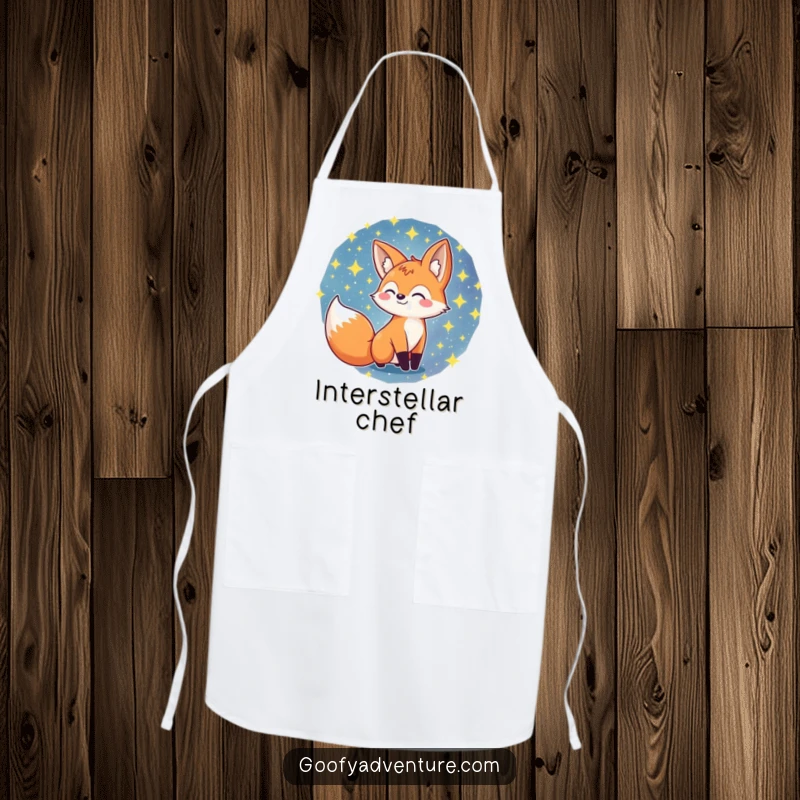 Funny fox character exploring a starry galaxy on a kitchen apron, ready for cosmic culinary adventures, funny gift.