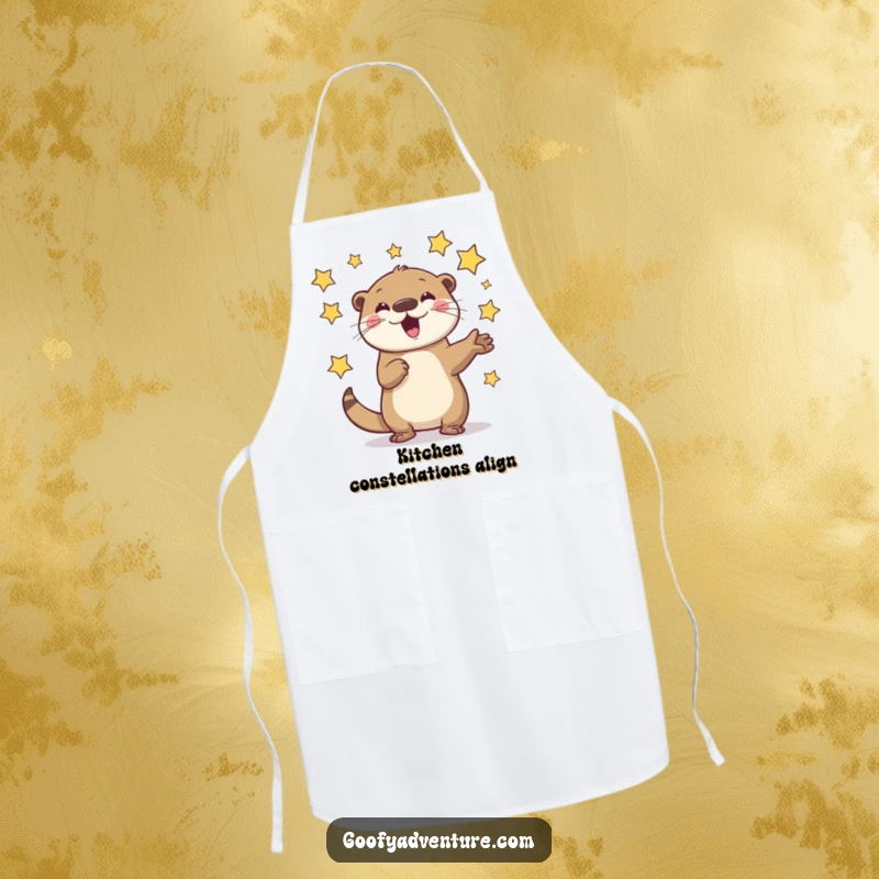 Funny Otter Apron: A playful otter character enthusiastically juggling flying stars, ready for cosmic culinary creations.