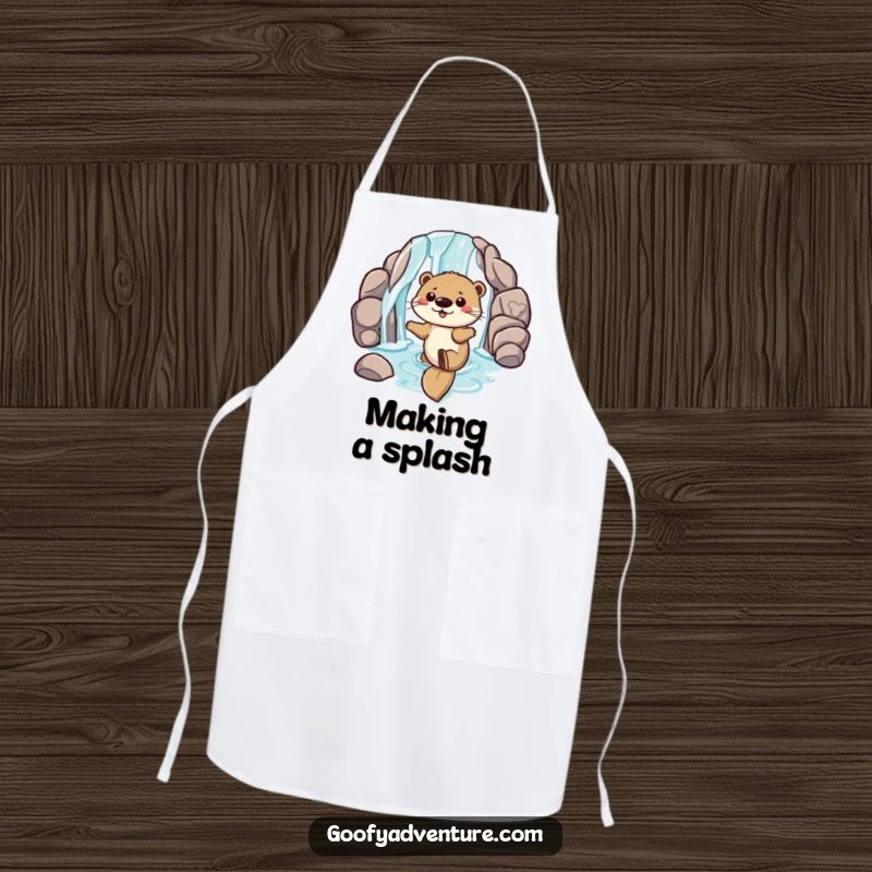 Funny apron showing a playful otter sliding down a waterfall entrance, adding playful charm and aquatic fun to kitchen activities.