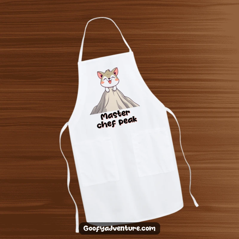 Funny apron with a playful animal character determinedly scaling a massive peak with a grin, ideal for a chef on a culinary quest.
