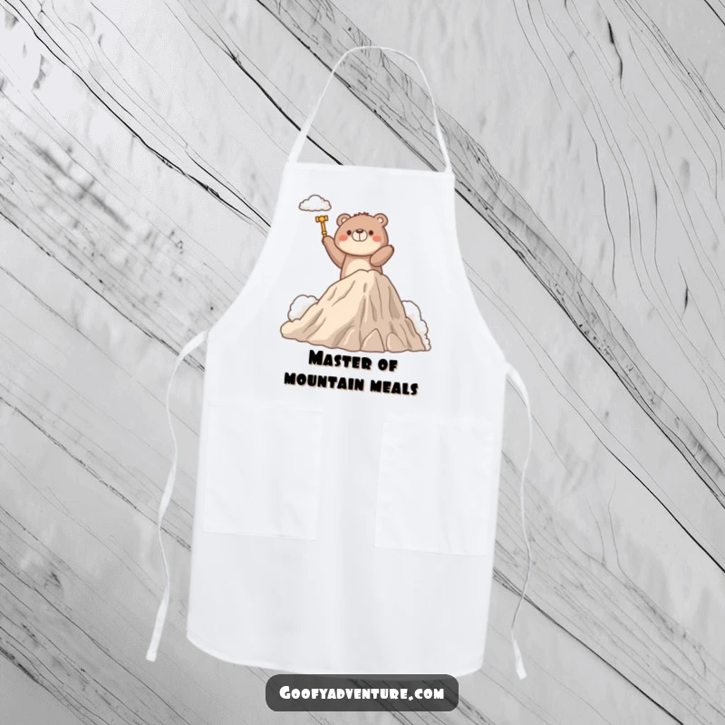Funny apron showing a determined bear character climbing a cloud mountain, perfect for kitchen protection with a side of ambition.