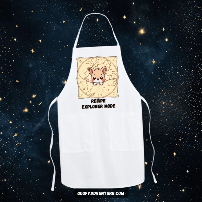 Funny apron with a curious animal peeking from behind a giant, ancient map, ideal for a chef ready for any culinary quest.