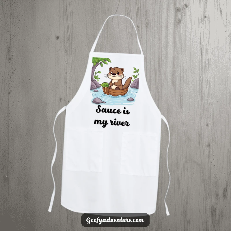 Funny Otter Apron: A determined otter steers a leaf boat down a river, a humorous kitchen accessory for culinary adventurers.