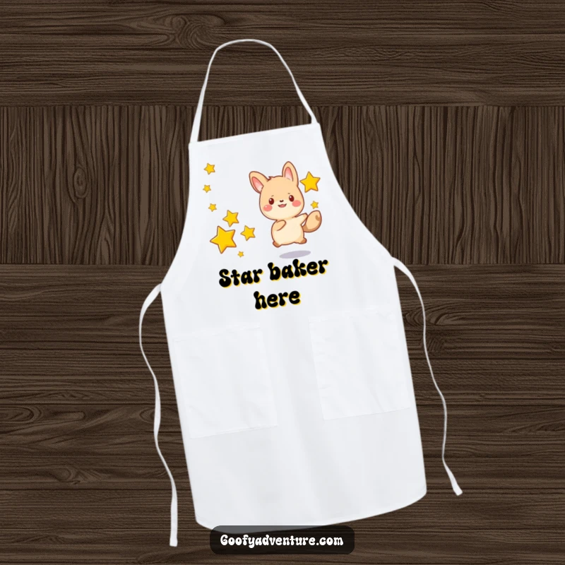 Funny kawaii animal character happily chasing after a series of drifting stars, a humorous and practical apron for cooking.