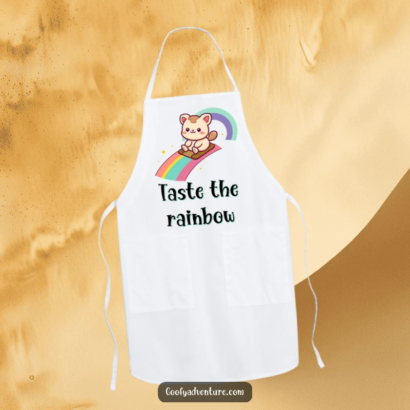 Funny kawaii animal character sliding down a rainbow trail, designed as a humorous and colorful kitchen apron.