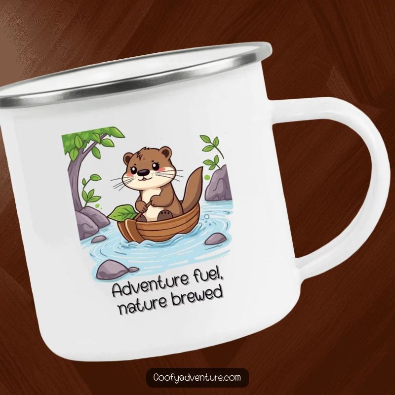 Funny Otter Camping Mug: A determined otter pilots a leaf boat down a river, perfect for outdoor enthusiasts who love humor.