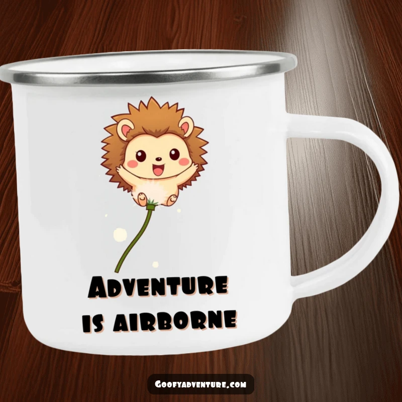 Funny camping mug with a happy hedgehog character flying on a dandelion seed, great for outdoor drinks and a touch of whimsy.