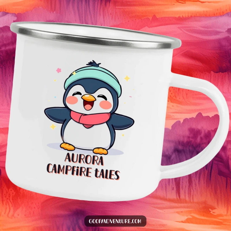Funny camping mug featuring a joyful penguin playing with the glowing lights of the aurora borealis.