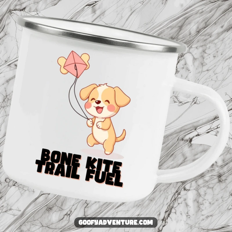 Funny puppy flying a bone kite on a durable camping mug, ideal for outdoor fun and laughter.
