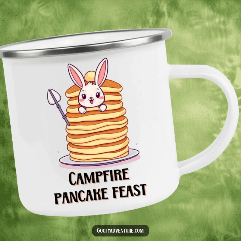 Funny Bunny camping mug, bravely scaling a colossal, wobbly stack of pancakes, perfect for outdoor adventures.