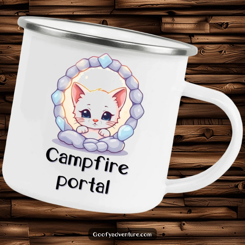 Funny kitten character peering into a glowing, mysterious portal on a durable camping mug, perfect for enjoying beverages outdoors.
