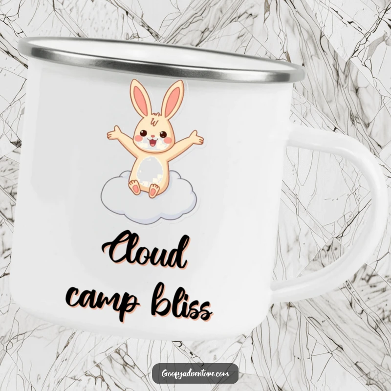 Funny rabbit flying cloud camping mug showing a cheerful rabbit riding a cloud in a serene, starry night setting.