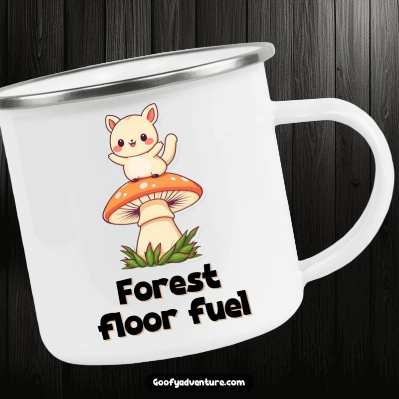 Funny kawaii animal character leaping over a mushroom, durable camping mug design for outdoor enthusiasts.