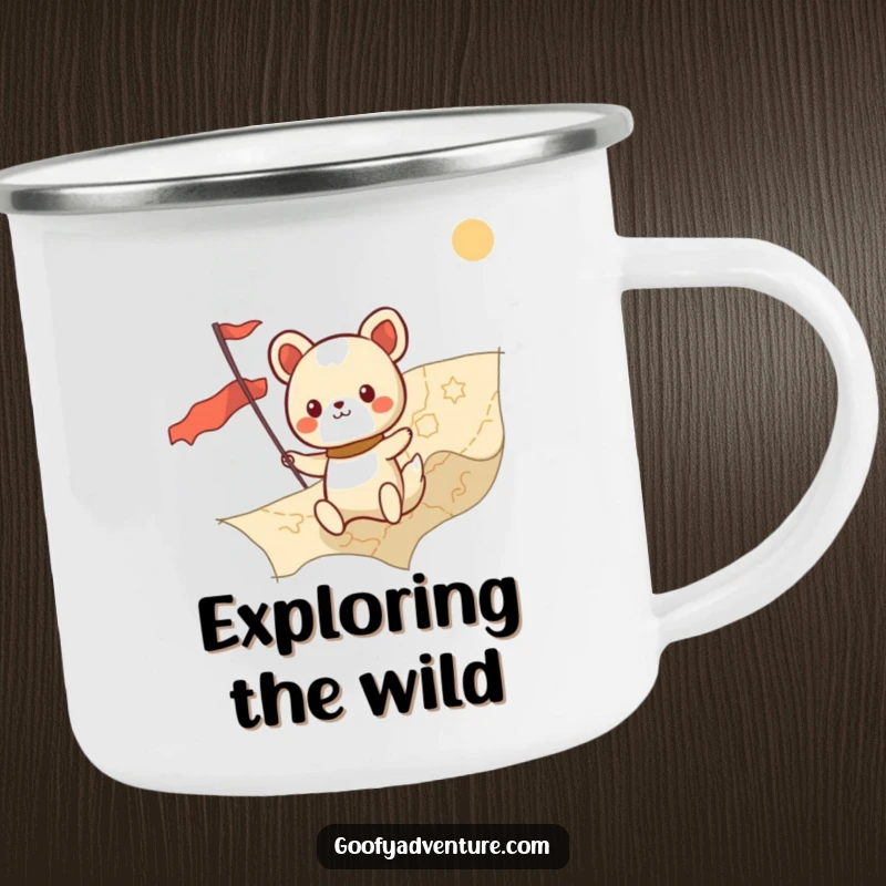 Funny kawaii animal character charting a course on a giant map, designed for rugged enjoyment on a camping mug.