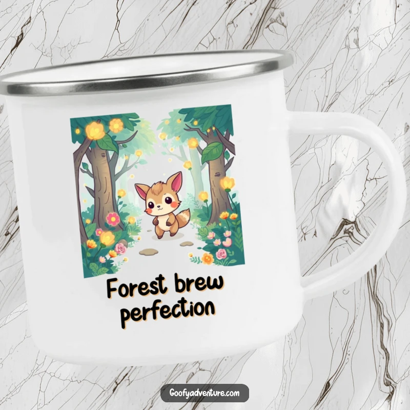 Funny camping mug with a determined animal navigating a whimsical forest filled with glowing flora, designed for adventurers.