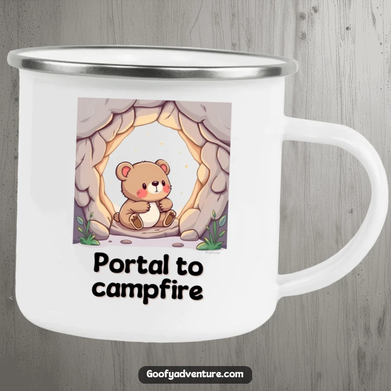 Funny camping mug featuring a curious bear cub discovering a glowing portal to another world, ready for adventure.