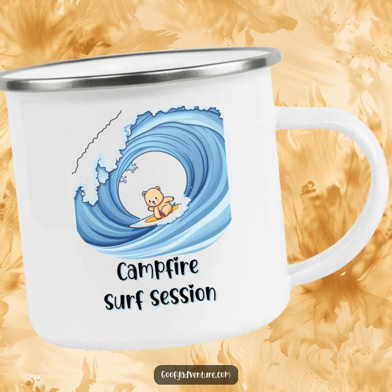 Funny bear cub surfing camping mug showing a cute cub riding a giant wave in a coastal forest setting.
