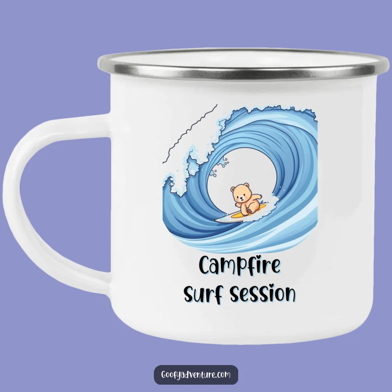 Funny Bear Cub Surfing Camping Mug: Coffee by the Waves, Perfect Outdoor Beach Gift!