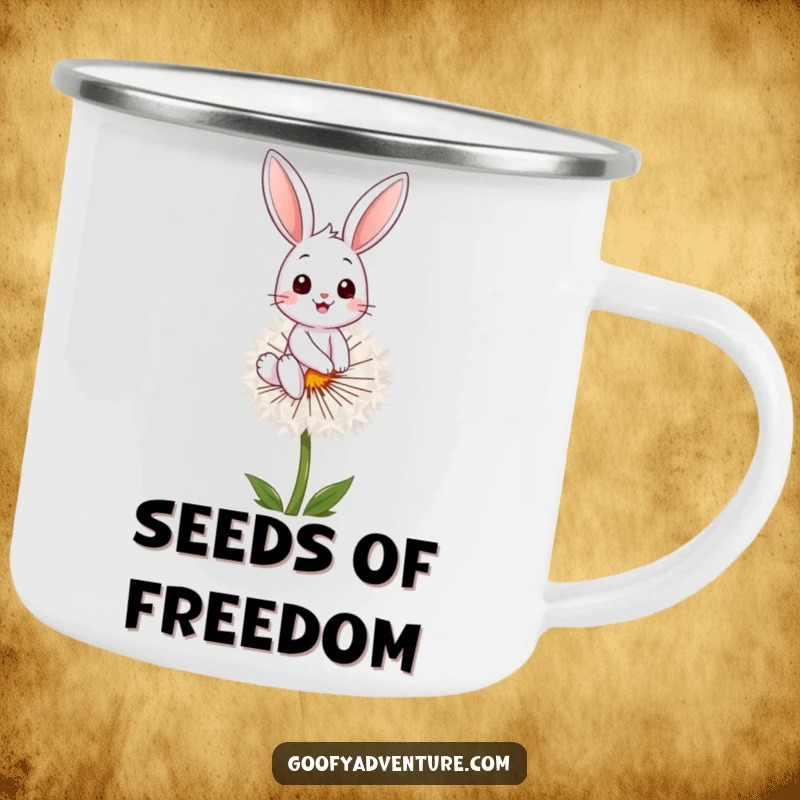 Funny bunny character riding a dandelion seed against a scenic background on a camping mug, perfect for outdoor fun, funny gift.