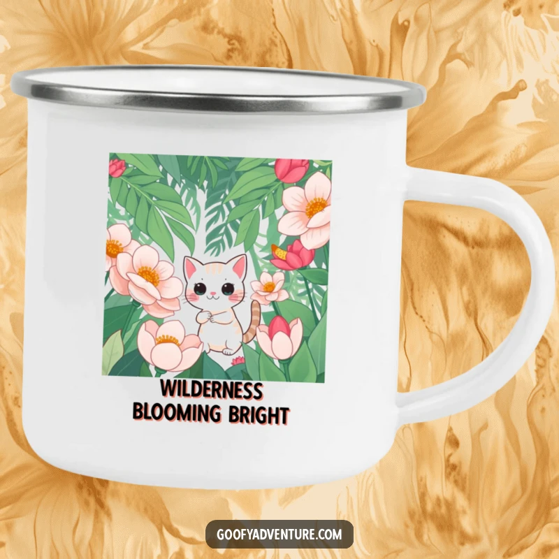 Funny camping mug with a curious cat character exploring a jungle of giant flowers, ideal for outdoor drinks with a touch of whimsy.