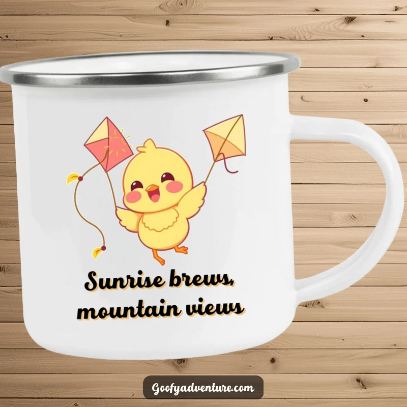 Funny Chick Camping Mug: A joyous chick flies with a kite made of sunshine, perfect for outdoor enthusiasts spreading cheer.