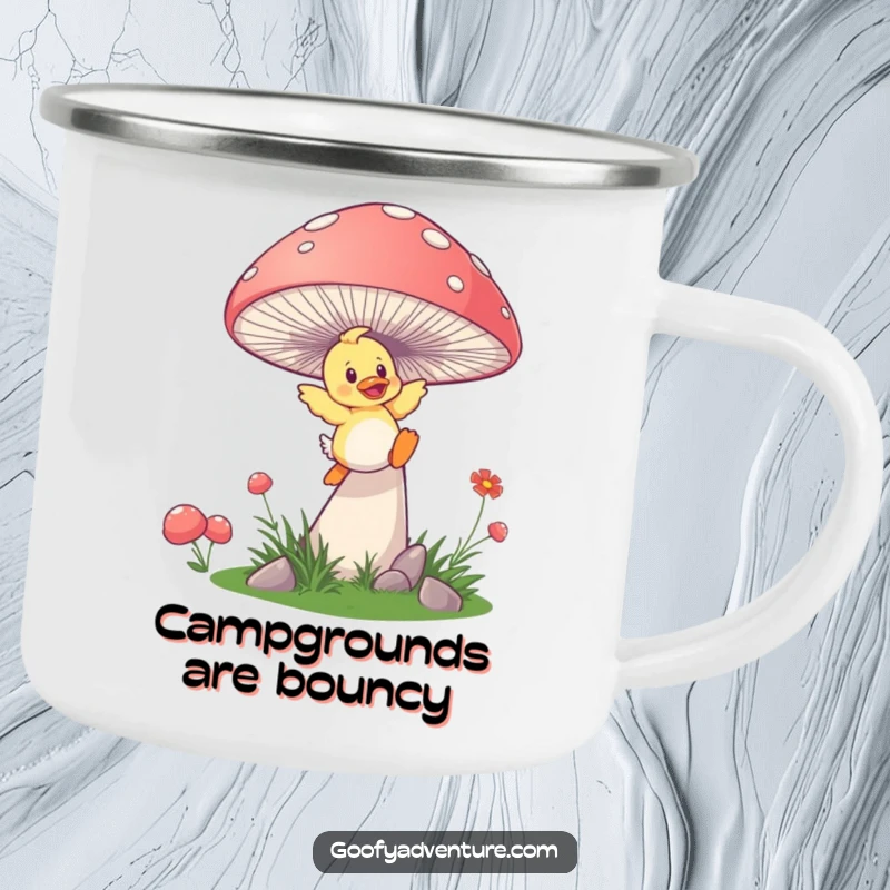 Funny duckling mushroom camping mug, a playful duckling launching from a mushroom, durable and humorous outdoor drinkware.