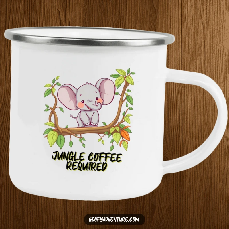 Funny happy elephant crossing a jungle vine bridge, enamel camping mug, outdoor jungle theme, ideal funny gift.