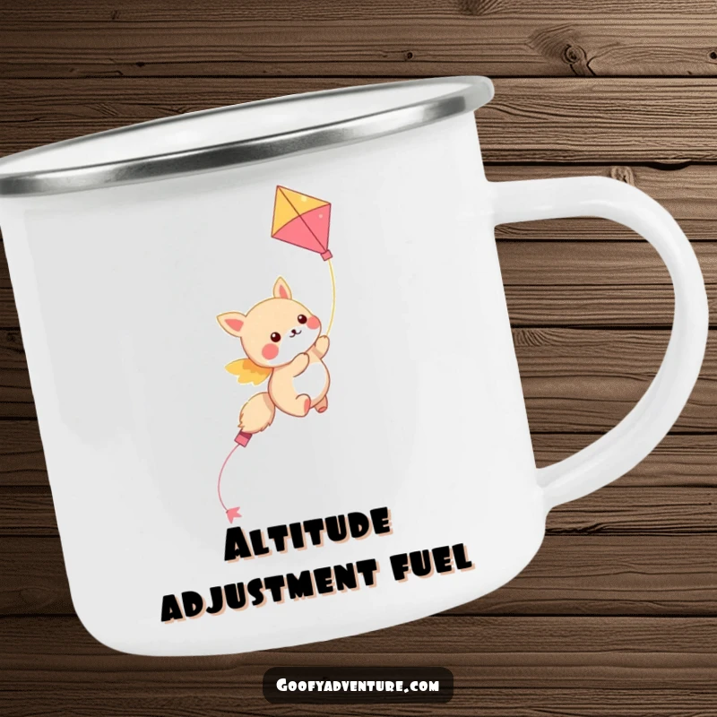 Funny kawaii animal character soaring through the sky on a colorful kite, a durable and humorous camping mug.