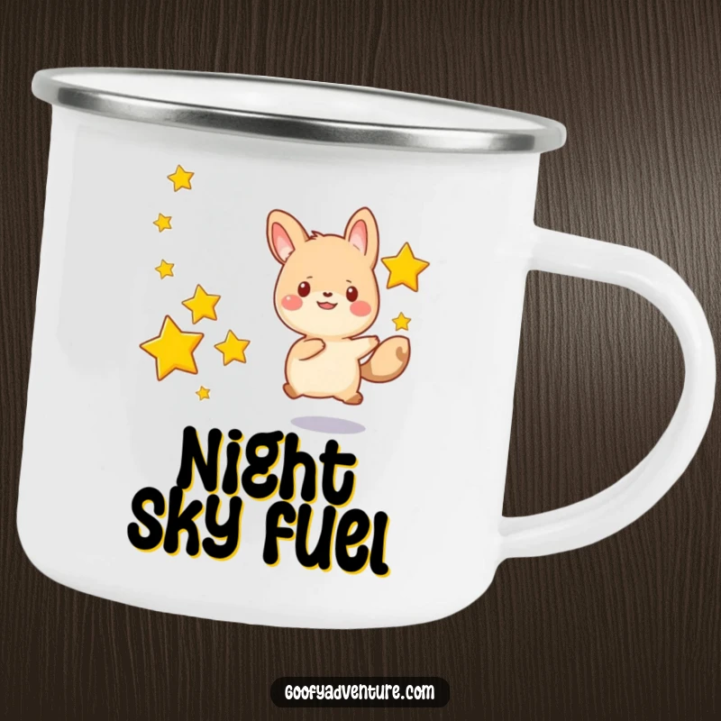 Funny kawaii animal character happily chasing after a series of drifting stars, a durable and humorous camping mug.